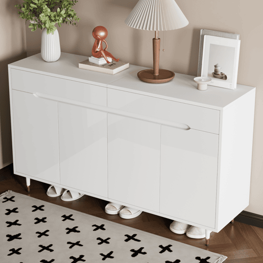 Sapateira moderna - 2 portas e 2 gavetas com prateleiras ajustáveis, pés dourados, capacidade para 18-24 pares - cor dourada e branca Sapateira moderna - 2 portas e 2 gavetas com prateleiras ajustáveis, pés dourados, capacidade para 18-24 pares - cor dourada e branca