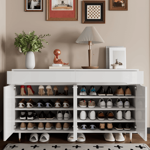 Sapateira moderna - 2 portas e 2 gavetas com prateleiras ajustáveis, pés dourados, capacidade para 18-24 pares - cor dourada e branca Sapateira moderna - 2 portas e 2 gavetas com prateleiras ajustáveis, pés dourados, capacidade para 18-24 pares - cor dourada e branca