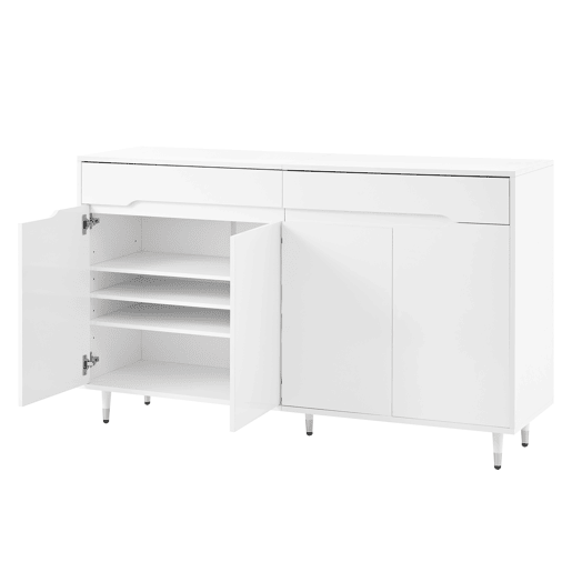 Sapateira moderna - 2 portas e 2 gavetas com prateleiras ajustáveis, pés dourados, capacidade para 18-24 pares - cor dourada e branca Sapateira moderna - 2 portas e 2 gavetas com prateleiras ajustáveis, pés dourados, capacidade para 18-24 pares - cor dourada e branca