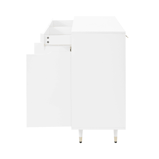 Sapateira moderna - 2 portas e 2 gavetas com prateleiras ajustáveis, pés dourados, capacidade para 18-24 pares - cor dourada e branca Sapateira moderna - 2 portas e 2 gavetas com prateleiras ajustáveis, pés dourados, capacidade para 18-24 pares - cor dourada e branca