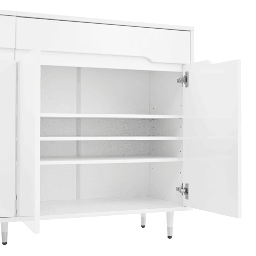 Sapateira moderna - 2 portas e 2 gavetas com prateleiras ajustáveis, pés dourados, capacidade para 18-24 pares - cor dourada e branca Sapateira moderna - 2 portas e 2 gavetas com prateleiras ajustáveis, pés dourados, capacidade para 18-24 pares - cor dourada e branca
