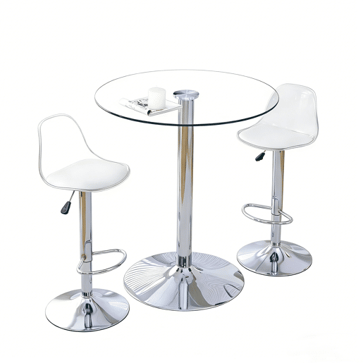Conjunto Bar 89 cm - Mesa de vidro + 2 bancos ajustáveis e giratórios - Prateado, Transparente