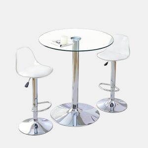 Conjunto Bar 89 cm - Mesa de vidro + 2 bancos ajustáveis e giratórios - Prateado, Transparente