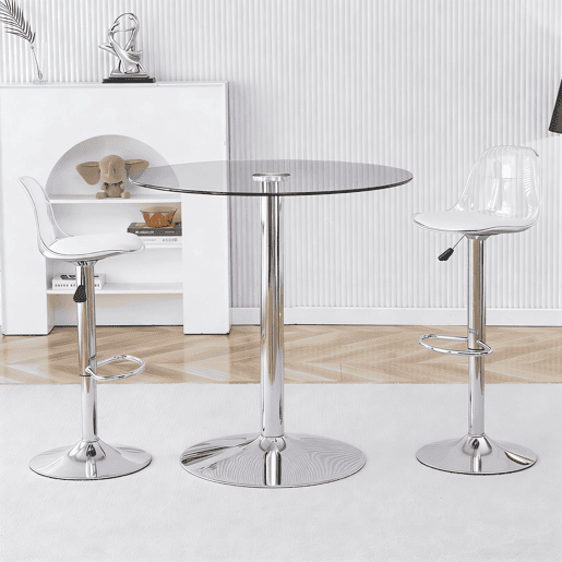 Conjunto Bar 89 cm - Mesa de vidro + 2 bancos ajustáveis e giratórios - Prateado, Transparente