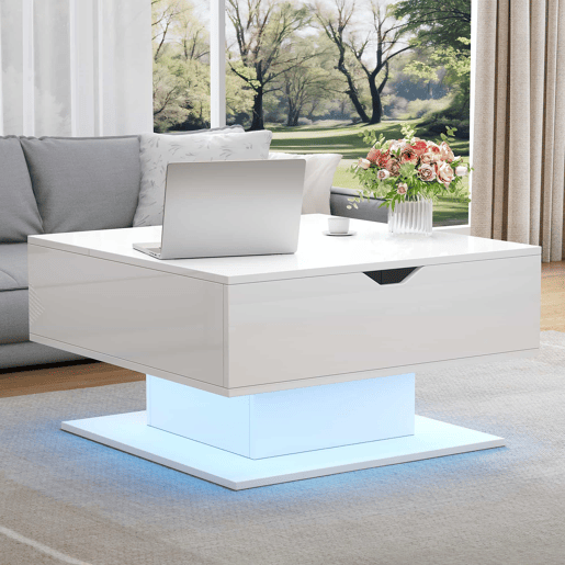 Mesa de centro 80 x 75 x 40 cm - elevável hidraulicamente, acabamento de alto brilho, com espaço de arrumação e design geométrico - branca