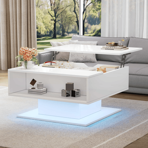 Mesa de centro 80 x 75 x 40 cm - elevável hidraulicamente, acabamento de alto brilho, com espaço de arrumação e design geométrico - branca