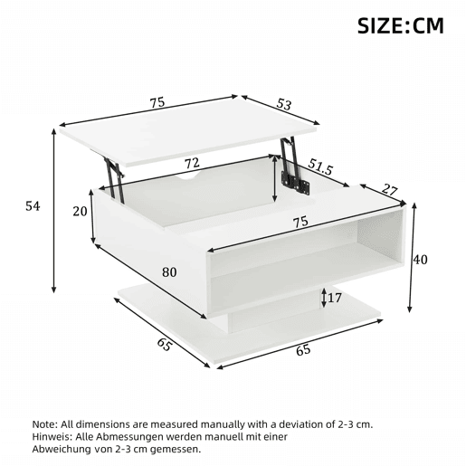 Mesa de centro 80 x 75 x 40 cm - elevável hidraulicamente, acabamento de alto brilho, com espaço de arrumação e design geométrico - branca