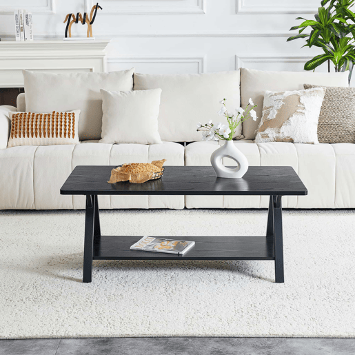 Mesa de centro 110 x 57 x 44,5 cm - estilo industrial com prateleira de arrumação, acabamento em madeira preta e estrutura metálica - preta