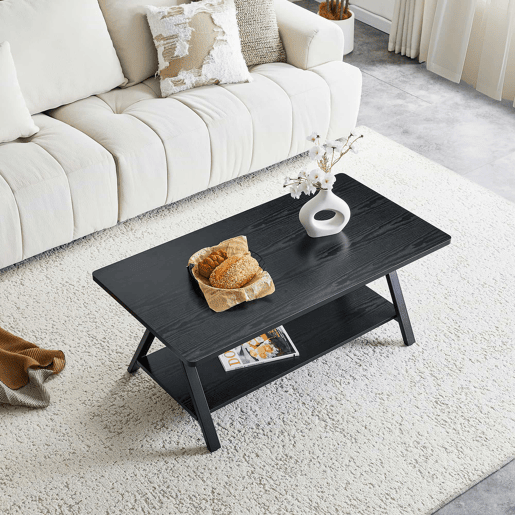 Mesa de centro 110 x 57 x 44,5 cm - estilo industrial com prateleira de arrumação, acabamento em madeira preta e estrutura metálica - preta