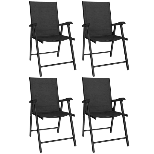 Outsunny Pack de 4 Cadeiras de Camping Dobráveis, Cadeiras de Jardim para Exterior com Encosto Alto e Apoios de Braços, Tecido Textilene Respirável e Estrutura de Aço para Terraço, Praia, 58x62x97 cm, Preto