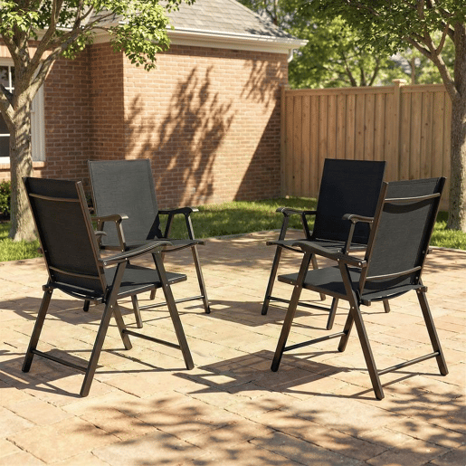 Outsunny Pack de 4 Cadeiras de Camping Dobráveis, Cadeiras de Jardim para Exterior com Encosto Alto e Apoios de Braços, Tecido Textilene Respirável e Estrutura de Aço para Terraço, Praia, 58x62x97 cm, Preto