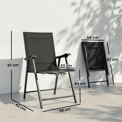 Outsunny Pack de 4 Cadeiras de Camping Dobráveis, Cadeiras de Jardim para Exterior com Encosto Alto e Apoios de Braços, Tecido Textilene Respirável e Estrutura de Aço para Terraço, Praia, 58x62x97 cm, Preto