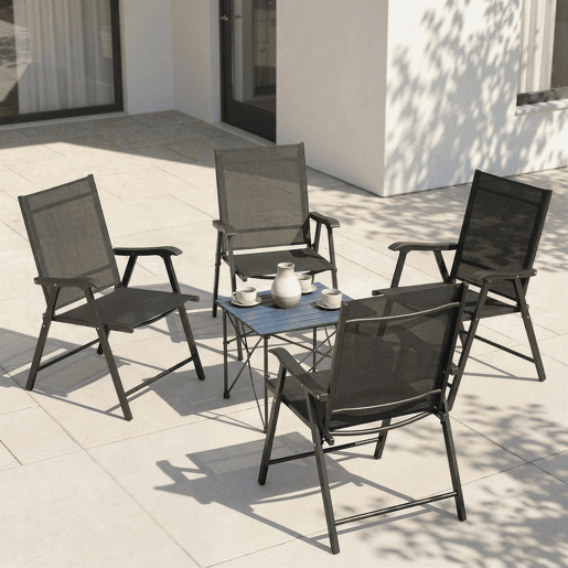 Outsunny Pack de 4 Cadeiras de Camping Dobráveis, Cadeiras de Jardim para Exterior com Encosto Alto e Apoios de Braços, Tecido Textilene Respirável e Estrutura de Aço para Terraço, Praia, 58x62x97 cm, Preto