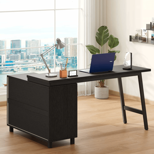 Secretária em L 150 x 100 x 76 cm - três gavetas, duas prateleiras abertas, pés em aço, ampla superfície - preto