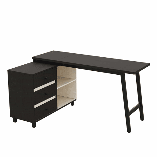 Secretária em L 150 x 100 x 76 cm - três gavetas, duas prateleiras abertas, pés em aço, ampla superfície - preto