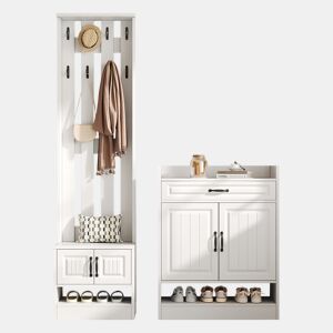 Conjunto de armário 125x36x190cm - com banco e sapateira, 8 ganchos, 4 portas, 1 gaveta - Branco