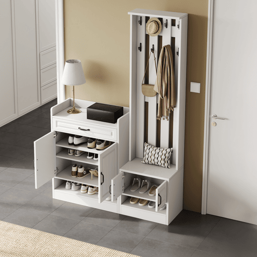 Conjunto de armário 125x36x190cm - com banco e sapateira, 8 ganchos, 4 portas, 1 gaveta - Branco