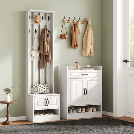 Conjunto de armário 125x36x190cm - com banco e sapateira, 8 ganchos, 4 portas, 1 gaveta - Branco