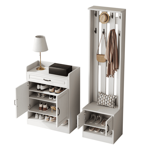 Conjunto de armário 125x36x190cm - com banco e sapateira, 8 ganchos, 4 portas, 1 gaveta - Branco
