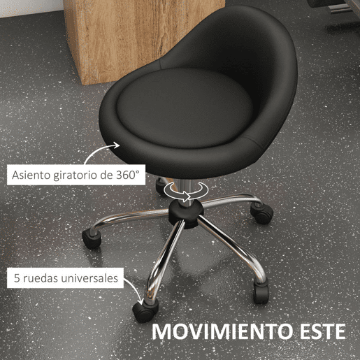 HOMCOM Banco com Rodas Banco Giratório Cosmético com Altura Ajustável Pele Sintética Assento Acolchoado e Largo para Dentista e Cabeleireiro Carga 120 kg Ø50x63-83 cm Preto