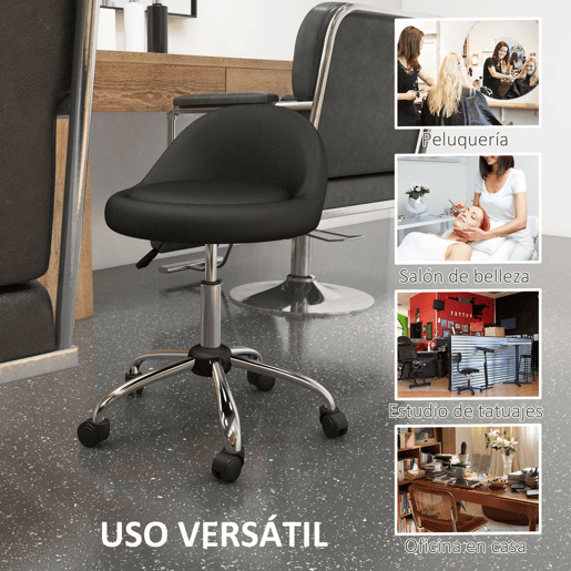 HOMCOM Banco com Rodas Banco Giratório Cosmético com Altura Ajustável Pele Sintética Assento Acolchoado e Largo para Dentista e Cabeleireiro Carga 120 kg Ø50x63-83 cm Preto