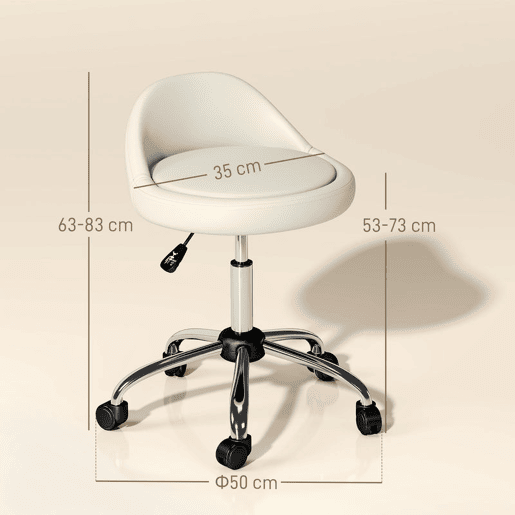 HOMCOM Banco com Rodas Banco Giratório Cosmético com Altura Ajustável Pele Sintética Assento Acolchoado e Largo para Dentista e Cabeleireiro Carga 120 kg Ø50x63-83 cm Branco