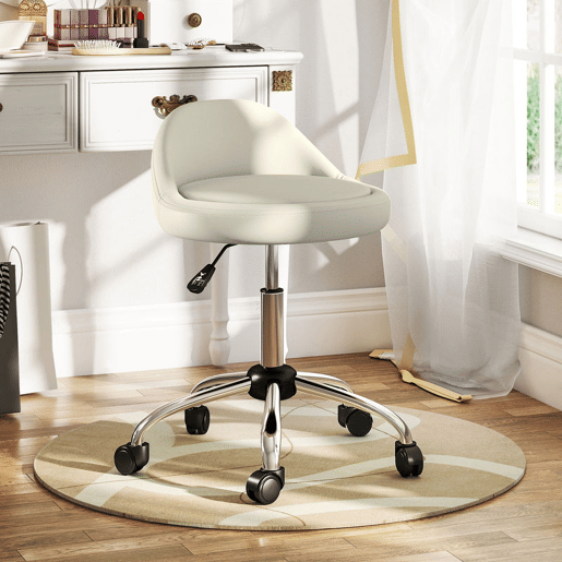 HOMCOM Banco com Rodas Banco Giratório Cosmético com Altura Ajustável Pele Sintética Assento Acolchoado e Largo para Dentista e Cabeleireiro Carga 120 kg Ø50x63-83 cm Branco