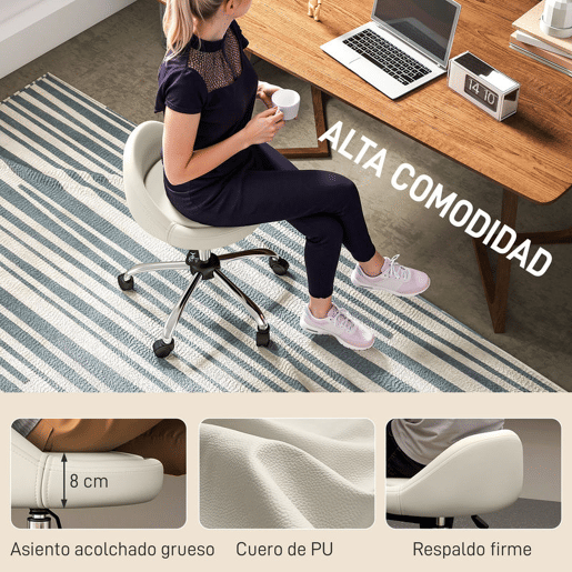 HOMCOM Banco com Rodas Banco Giratório Cosmético com Altura Ajustável Pele Sintética Assento Acolchoado e Largo para Dentista e Cabeleireiro Carga 120 kg Ø50x63-83 cm Branco