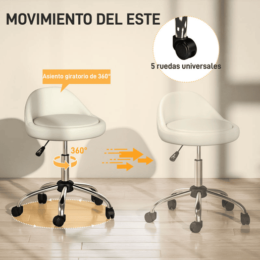 HOMCOM Banco com Rodas Banco Giratório Cosmético com Altura Ajustável Pele Sintética Assento Acolchoado e Largo para Dentista e Cabeleireiro Carga 120 kg Ø50x63-83 cm Branco