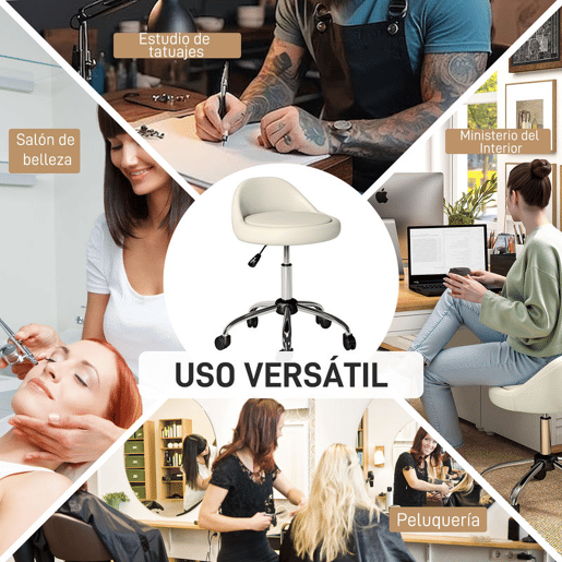 HOMCOM Banco com Rodas Banco Giratório Cosmético com Altura Ajustável Pele Sintética Assento Acolchoado e Largo para Dentista e Cabeleireiro Carga 120 kg Ø50x63-83 cm Branco