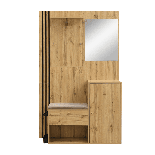 Móvel de entrada 115x185x37 cm - Com espelho, almofada, prateleira para chapéus e detalhes em preto - Cor natural