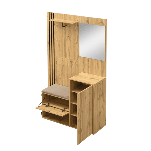 Móvel de entrada 115x185x37 cm - Com espelho, almofada, prateleira para chapéus e detalhes em preto - Cor natural