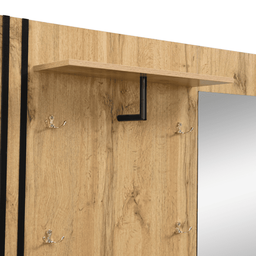 Móvel de entrada 115x185x37 cm - Com espelho, almofada, prateleira para chapéus e detalhes em preto - Cor natural
