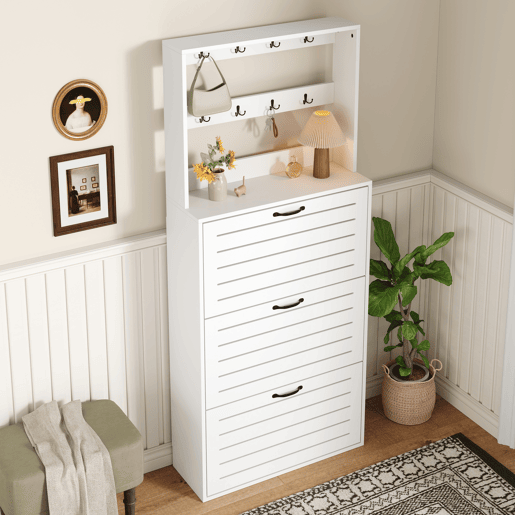 Sapateira com 3 portas - Prateleira para sapatos, gancho para chapéus e bolsas - Branco