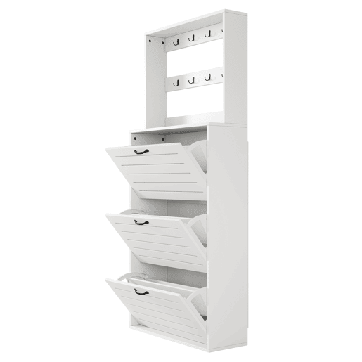 Sapateira com 3 portas - Prateleira para sapatos, gancho para chapéus e bolsas - Branco