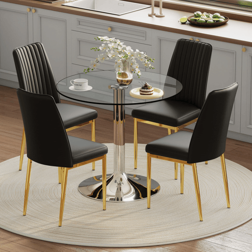 Conjunto de mesa de jantar 85 cm para 4 pessoas - Vidro temperado minimalista + cadeiras em PU - Preto
