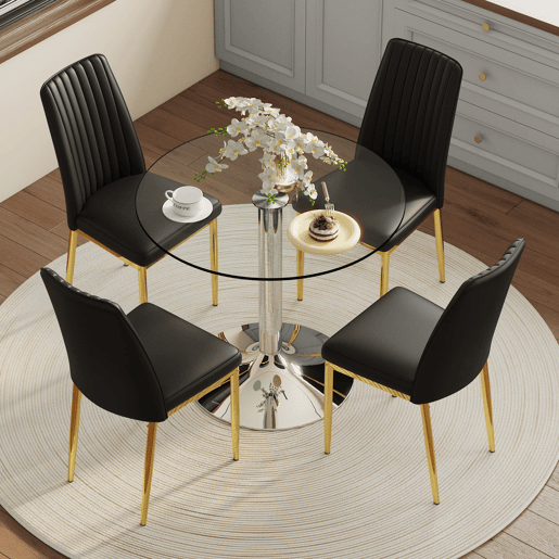 Conjunto de mesa de jantar 85 cm para 4 pessoas - Vidro temperado minimalista + cadeiras em PU - Preto