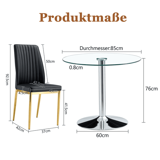 Conjunto de mesa de jantar 85 cm para 4 pessoas - Vidro temperado minimalista + cadeiras em PU - Preto