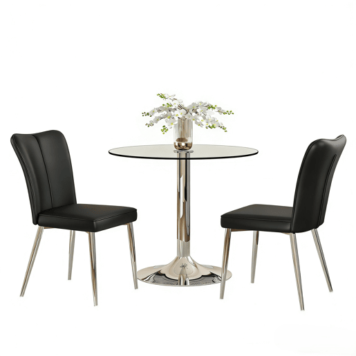 Conjunto de mesa de jantar 85 cm - vidro de segurança, 2 cadeiras PU - preto prateado