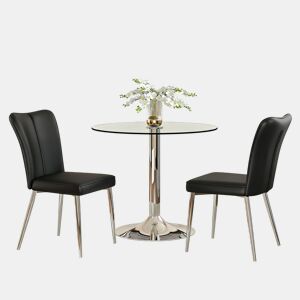 Conjunto de mesa de jantar 85 cm - vidro de segurança, 2 cadeiras PU - preto prateado