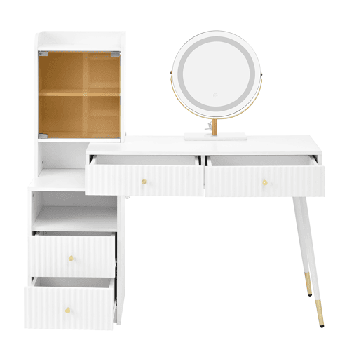 Penteadeira 100x40x125 cm - LED tricolor, 4 gavetas, armário com luz e prateleira aberta - Branco Penteadeira 100x40x125 cm - LED tricolor, 4 gavetas, armário com luz e prateleira aberta - Branco