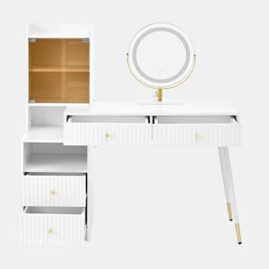 Penteadeira 100x40x125 cm - LED tricolor, 4 gavetas, armário com luz e prateleira aberta - Branco