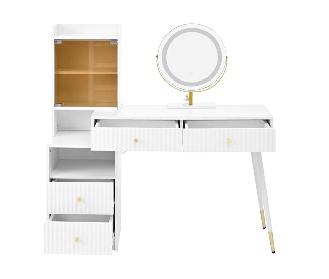 Tocador 100x40x125 cm - led tricolor, 4 cajones, armario con luz y estante abierto - blanco