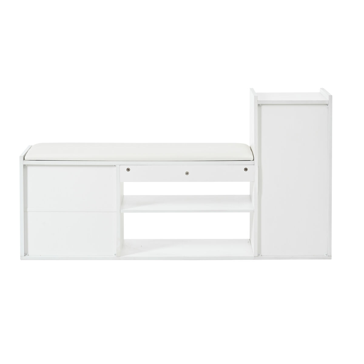 Zapatero 128x30x68 cm - 2 cajones, 1 puerta, asiento acolchado y almacenamiento - blanco