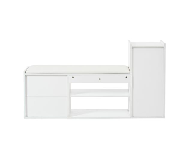 Zapatero 128x30x68 cm - 2 cajones, 1 puerta, asiento acolchado y almacenamiento - blanco