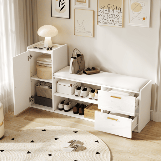 Sapateira 128x30x68 cm - 2 gavetas, 1 porta, assento almofadado e arrumação - Branco