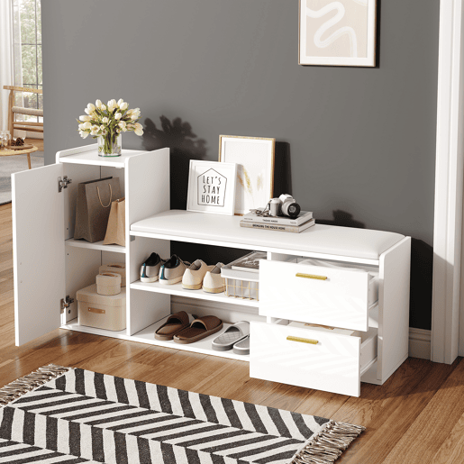 Sapateira 128x30x68 cm - 2 gavetas, 1 porta, assento almofadado e arrumação - Branco