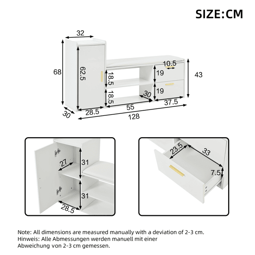 Sapateira 128x30x68 cm - 2 gavetas, 1 porta, assento almofadado e arrumação - Branco