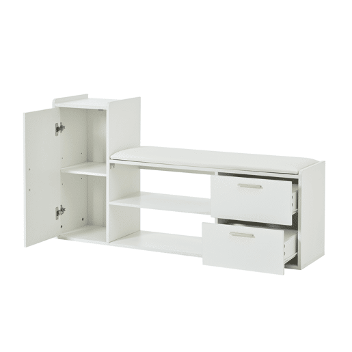 Sapateira 128x30x68 cm - 2 gavetas, 1 porta, assento almofadado e arrumação - Branco