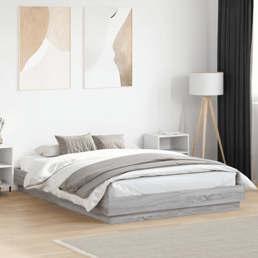 Estrutura de Cama de casal moderno com luzes LED 150x200 cm cinzento sonoma